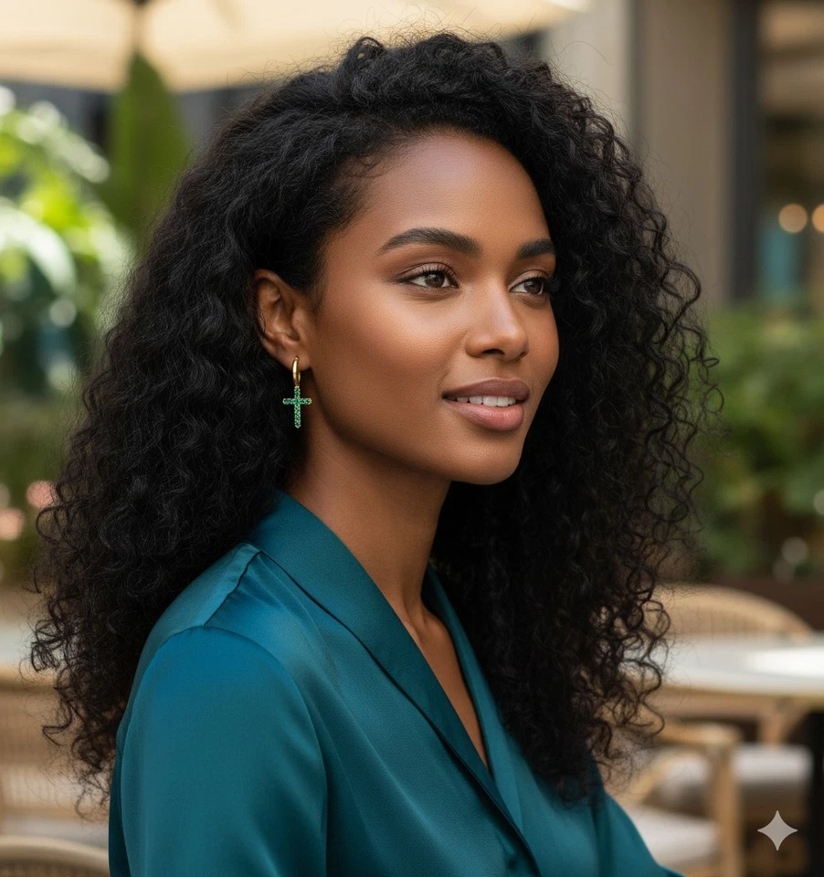 18K Yellow Gold Cross Hoop Earrings, 2.75g, 2.5cm, Green Zircons - Image 2 of 4