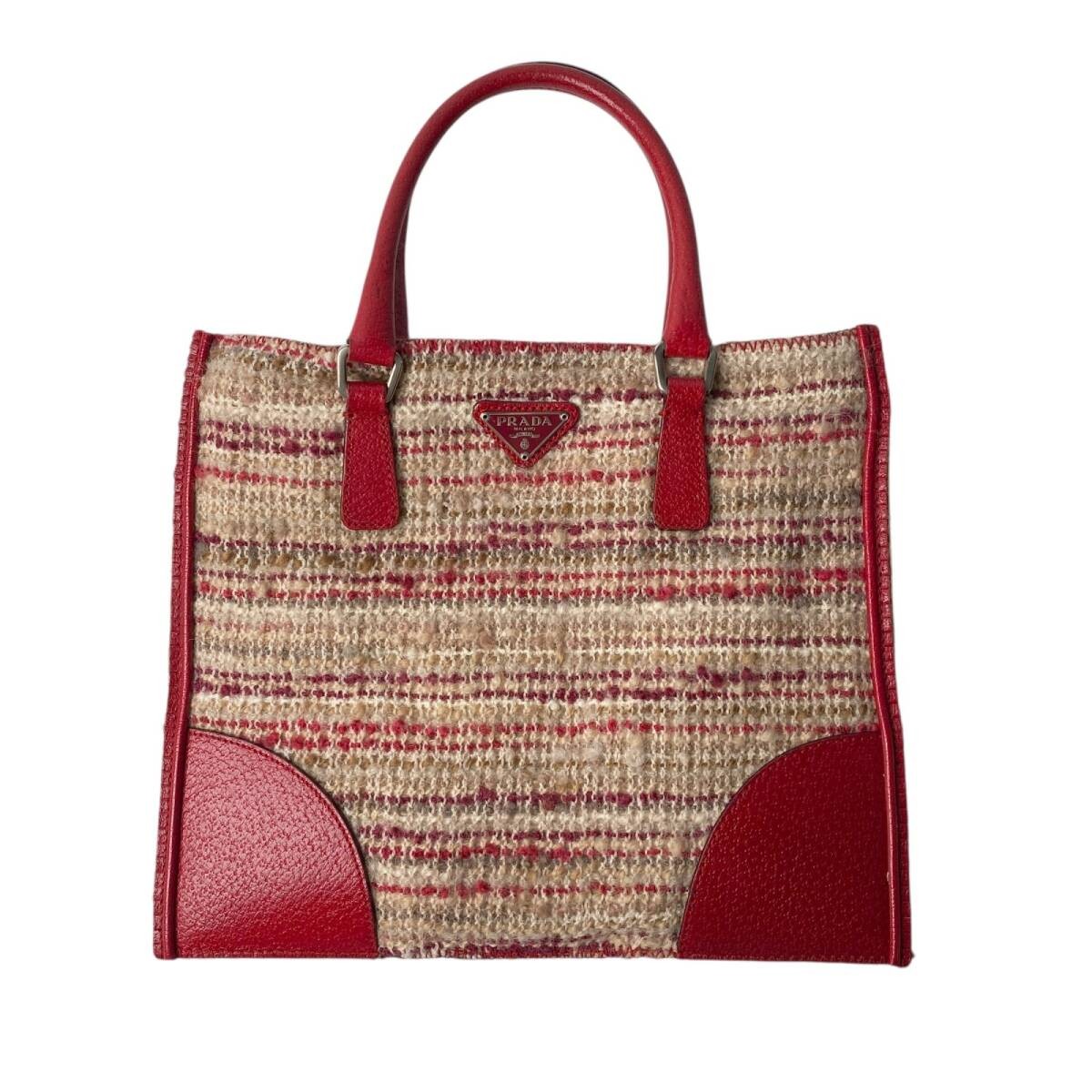 Prada Tweed Leather Shoulder Bag Triangle Logo Plate Vintage Authentic