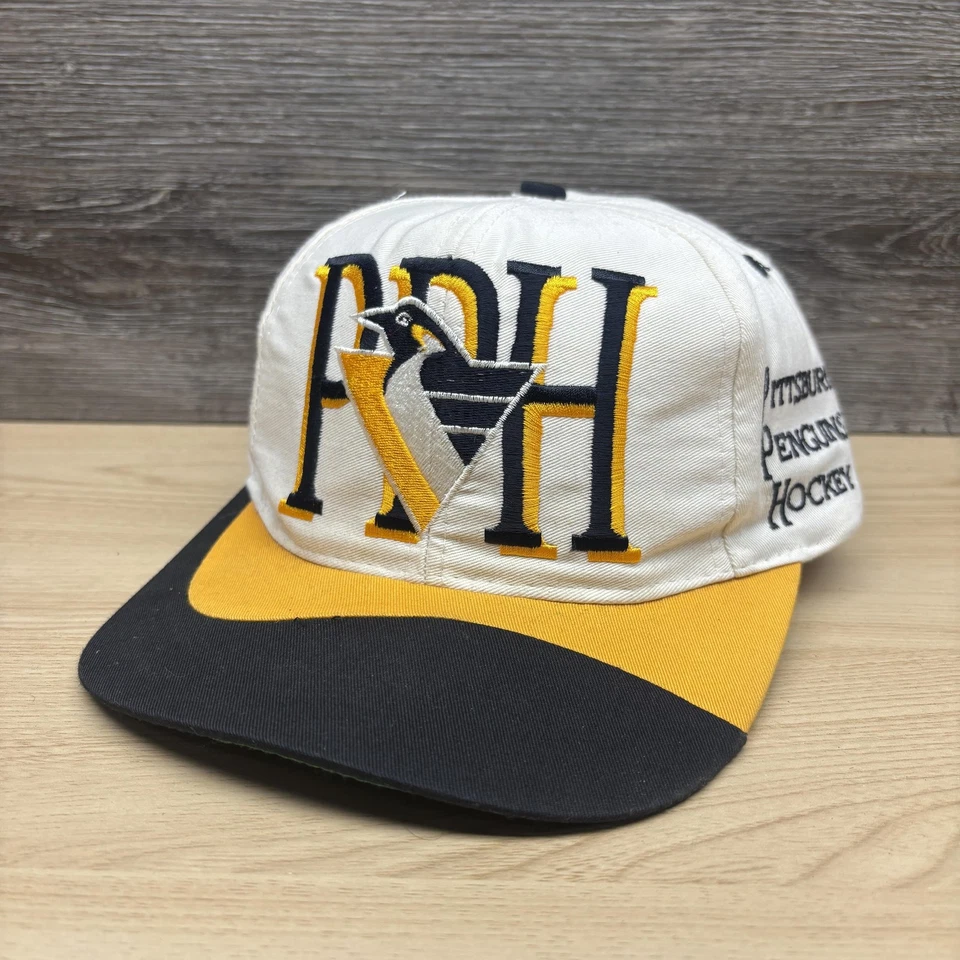 Vintage Pittsburgh Penguins Hat Cap Snap Back Mens NHL Hockey White Black 90s - Image 3 of 4