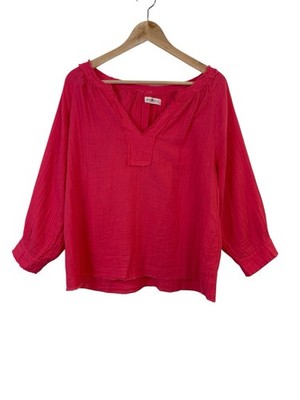Natural Life Robyn Boho Crinkly Gauze Top Womens L Pink Frayed Hem Breathable
