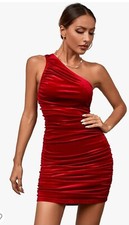 Women's One Shoulder Ruched Sleeveless Dress, Red, SMALL