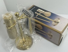 Vintage 3pc Brass Handled Razor  Shaving Brush Set W/ Solid Brass Holder Stand