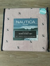Nautica Red Pinstripe QUEEN Sheet Set with Logo 4pc Set, NEW