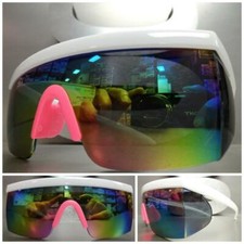 Men's Women VINTAGE RETRO SPORTY WRAP Style SUN GLASSES White Frame Rainbow Lens