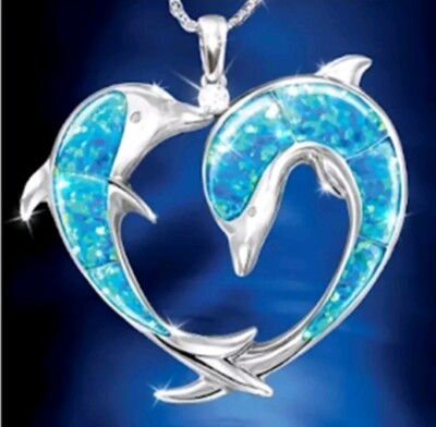 Love Blue Dolphin Mother Child Crystal Heart Necklace Pendant