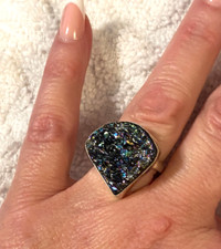 Abstract design .925 Sterling Silver multi color Druzy Quartz Ring Size 7.25