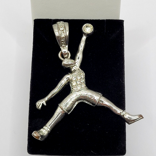 LARGE Basketball Player Leap Dunk Rhinestone Shirt Silver Tone Vtg 1990s Pendant - Picture 13 of 23