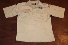 Boy Scouts of America BSA Youth Shirt Medium Tan Sewn Patches Short Sleeve