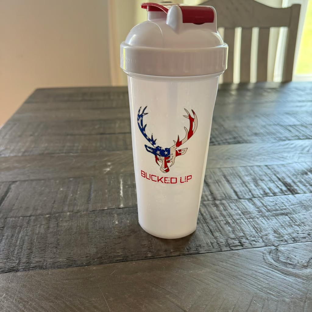 Bucked Up Shaker Bottle Deer Red, White, and Blue Flag USA Drink