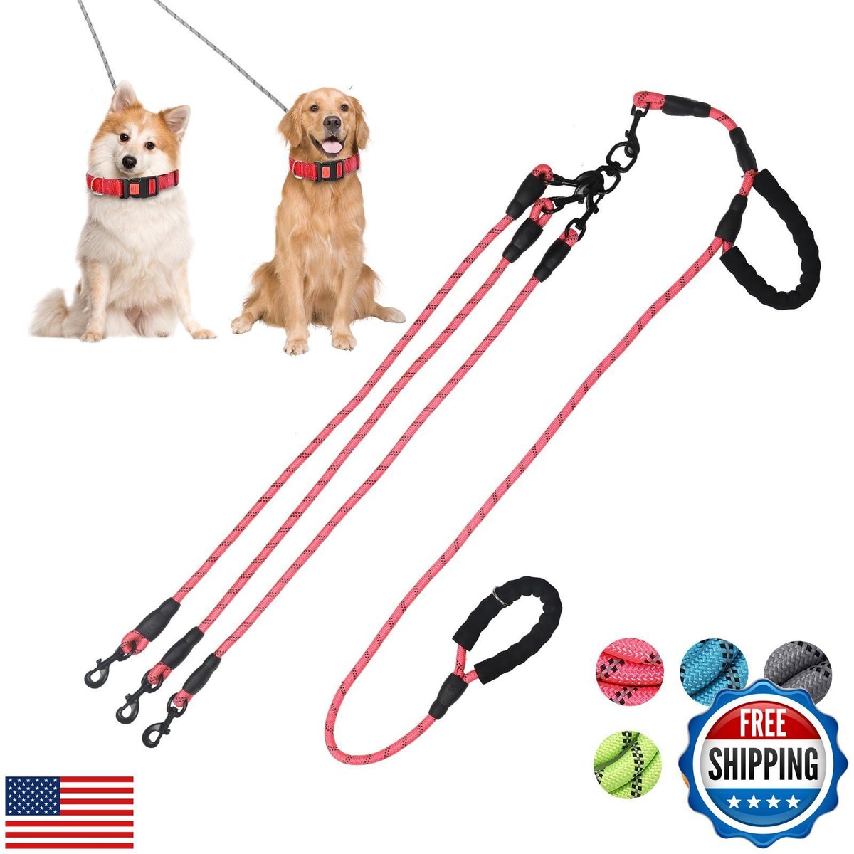 Exceptional 360 Anti-Tangle and No Pull Three Dog Leash Three