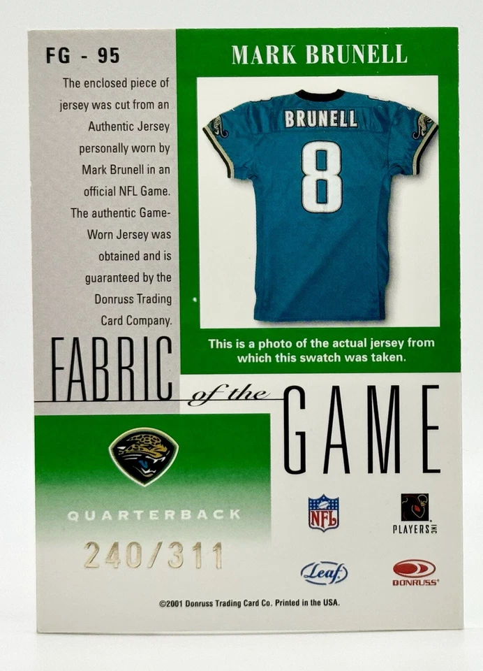 2001 Leaf Certified Fabric of the Game Mark Brunell 240/311 Game Worn Patch - Image 2 of 2