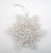 HAND DECORATED WHITE PLASTIC SNOWFLAKE ORNAMENT