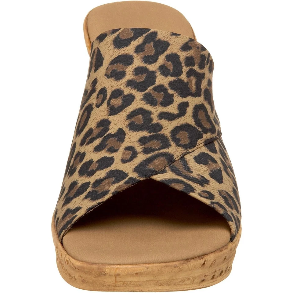 Sandalia de cuña de corcho superior de microfibra Christina Onex para mujer - marrón leopardo NUEVA Foto 3 de 4