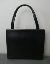 1950s Dofan France Thin Slim Black Leather Handbag Purse Bag Tan Interior