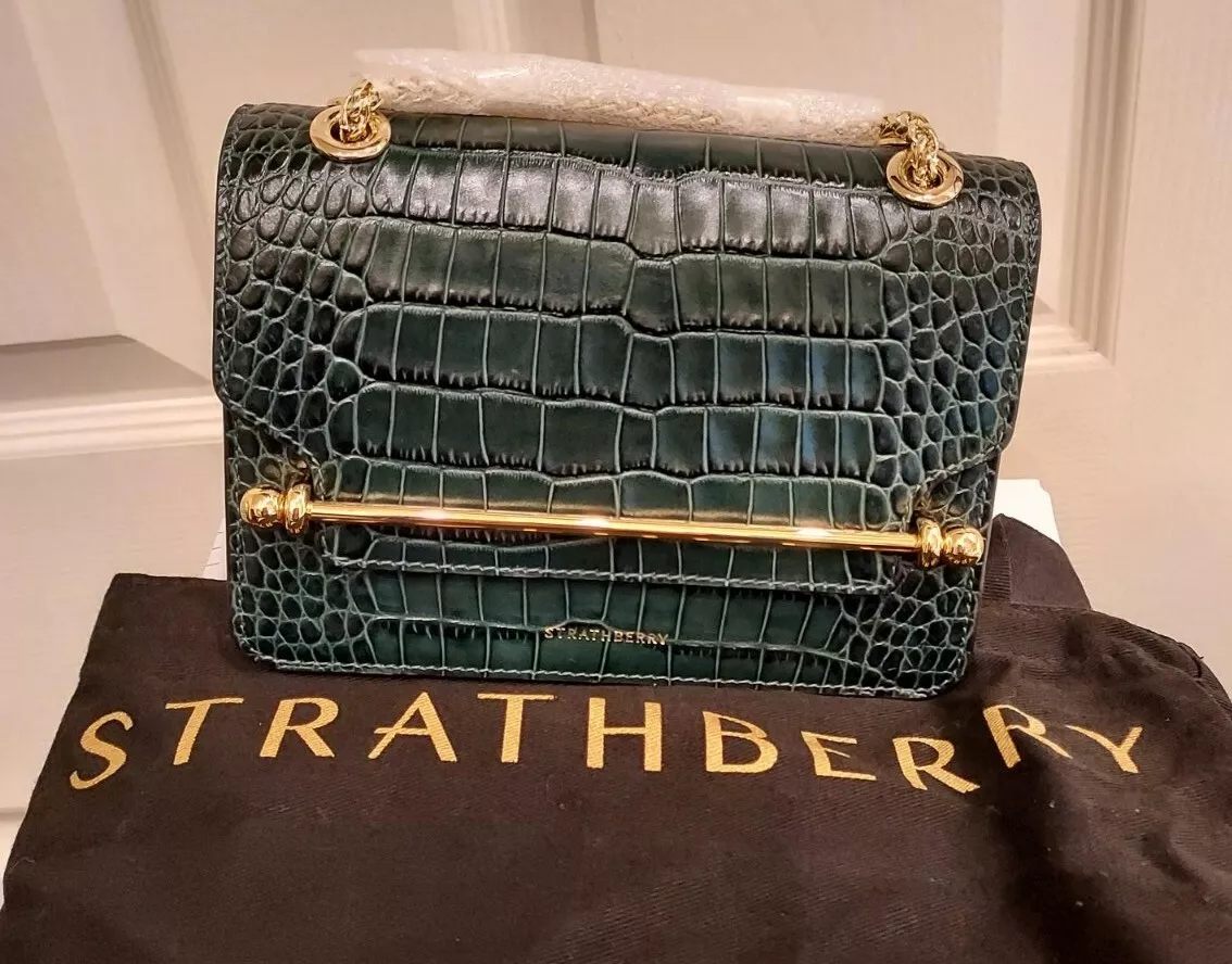 New* Strathberry East West Mini green croc-embossed handbag, orig. $645