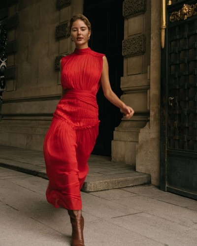 Shona Joy Clemence High Neck Midi Dress Size AU 8/ US 4 in Scarlett Red Sheer