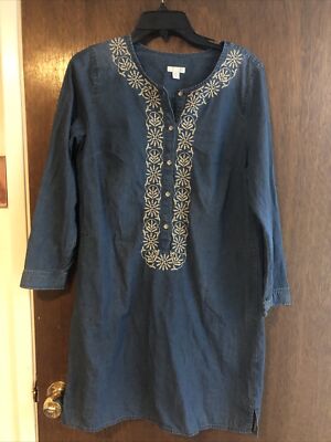 j jill dress petite medium Denim cotton Embroidered Neckline Coastal  Country | eBay