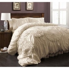 Solid Ivory Cream Ruffled Floral Ruched 3 pc Comforter Set Full Queen King Bed