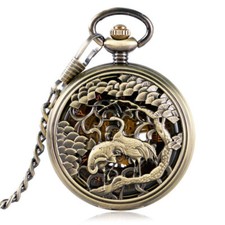 Steampunk Crane Hollow Hand-winding Mechanical Pocket Watch Pendant 30cm Chain