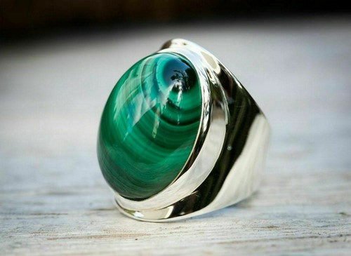 Solid 925 Sterling Silver Natural Green Malachite Gemstone Men's Unisex BandRing - Picture 1 of 9