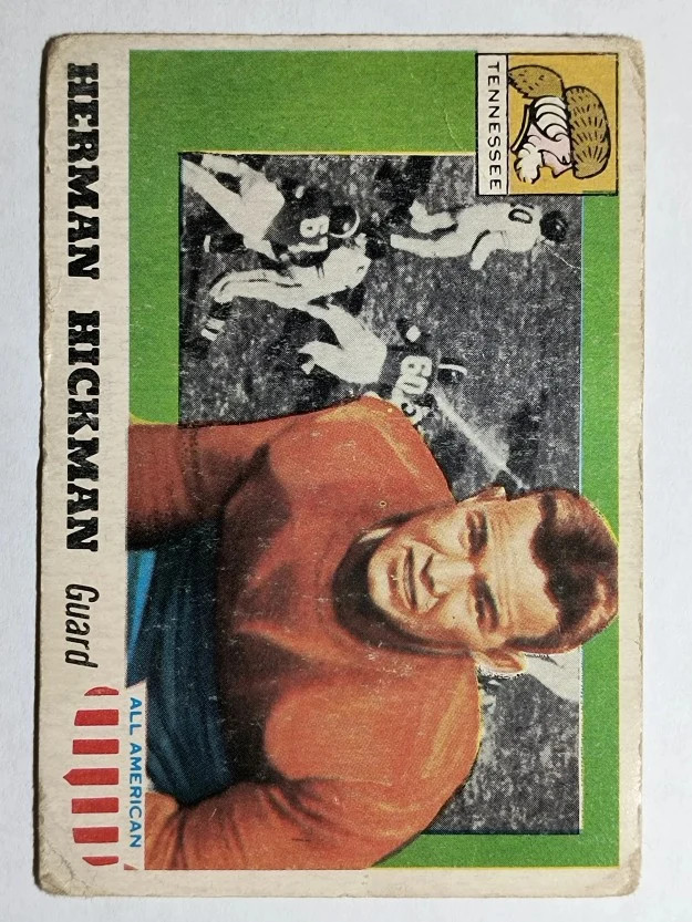 Herman Hickman #1 Football Cards 1955 Topps All American trading card — raw and PSA graded price guide