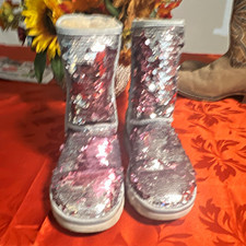 UGG Womens Silver Pink Sequin Mid-Calf Winter Boots Flat Round Toe Size 6