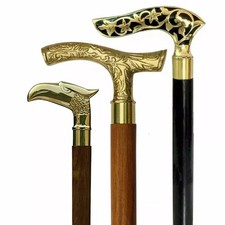 Lot Of 3 Vintage Solid Brass Head Handle Antique Wooden Walking Stick Cane Gifts