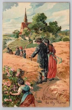Vintage European Rural Church & Wheat Field Postcard with Embossed Detail