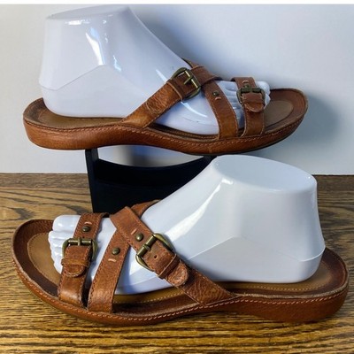 ECCO Women 41 Tan Leather Strappy Buckle Slide Sandals Flat 374775 Brown EU 41