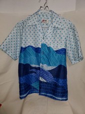 1960s Men's Malihini Hawaii Mod MCM Button Up Blue Hawaiian Shirt Welt Pocket