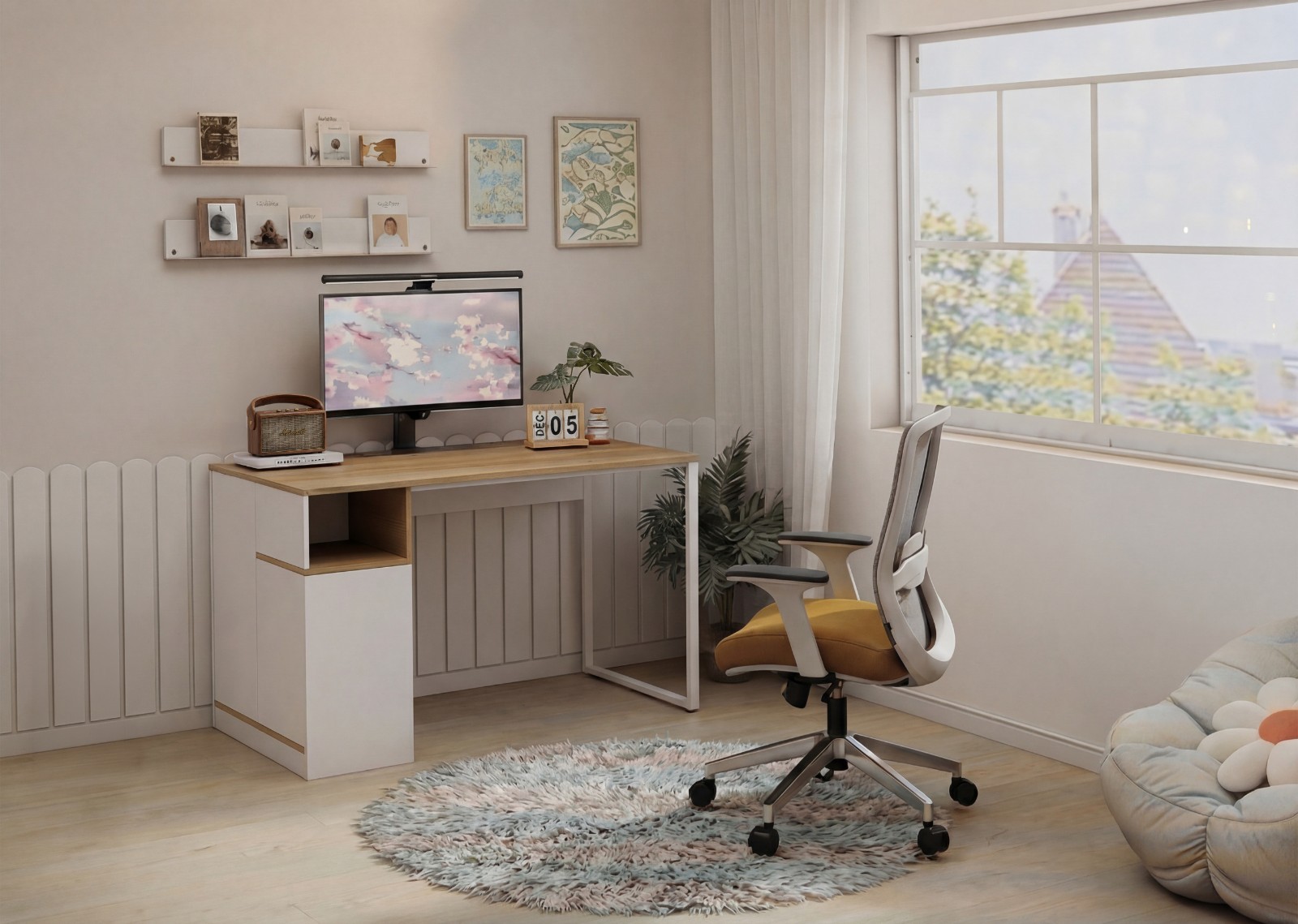 Computer Desk with Open Storage Cabinets 120cm Beech and White Rectangle Home