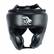 Ring Pro Leather Boxing Headgear Lace-Up MMA Muay Thai Sparring Black