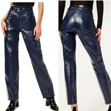 NEW Good American 6/28 Blue Faux Leather Vinyl High Rise Straight Leg Pants
