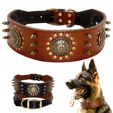 Genuine Leather Spiked Studded Dog Collar Heavy Duty for Large Dogs Rottweiler