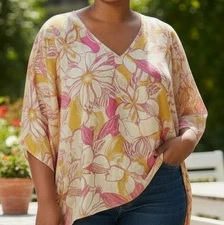 Adrienne Vittadini Colorful Floral Blouse Womens Size M Yellow Pink Loose Fit