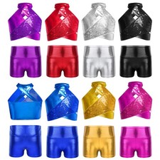 Girls Metallic Talent Show Sequin Cheerleading Crop Top And Short Competition