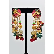 Lunch At The Ritz Vintage Tis Season Clip On Earrings Merry Christmas 80s BinAG