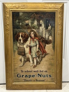 1910s ORIGINAL ANTIQUE GRAPE NUTS TIN LITHO ADVERTISING SIGN To School Well Fed