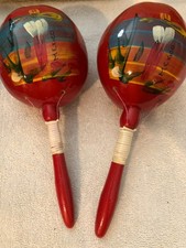 Red 10" Hand Made-Hand Painted Mexico Maracas Set Beach Souvenir MINT 