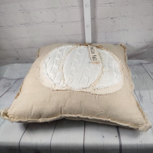 Hello Fall Pillow Pumpkin Beige Linen White Cable Knit Pumpkin Twine Canvas Tag - Picture 4 of 10