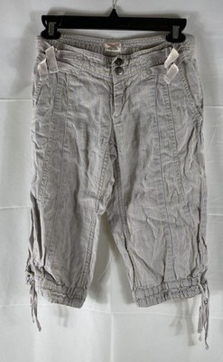 Free People Women's Gray Yellow Pinstripe Cargo Capri Pants Tie Leg Cuffs Sz 2