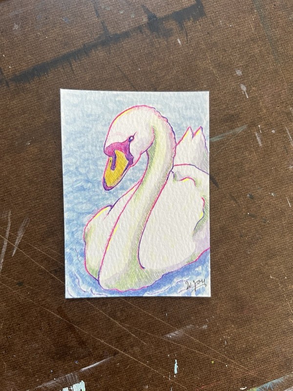 ACEO Art Card Original Swan On Lake Mixed Media By Artist W. Joy 2.5x3.5