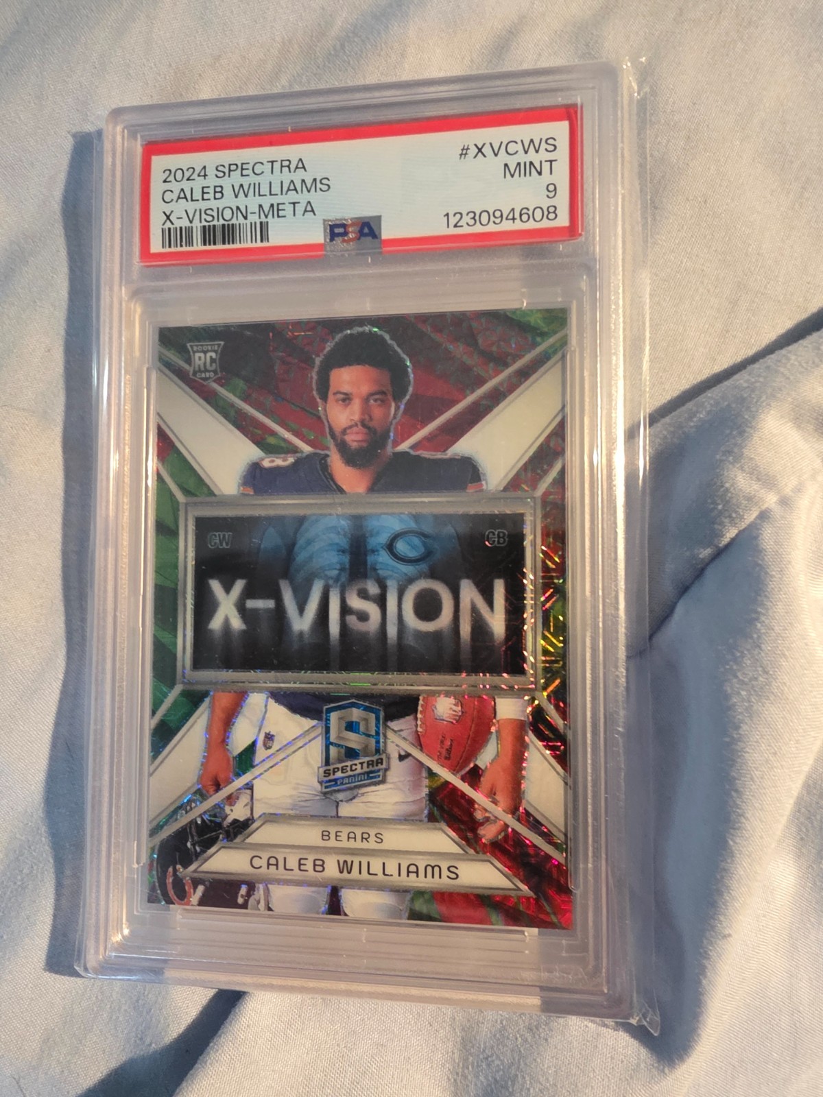 2024 panini spectra caleb williams X-VISION-META rookie card# XVCWS PSA 9 view 2