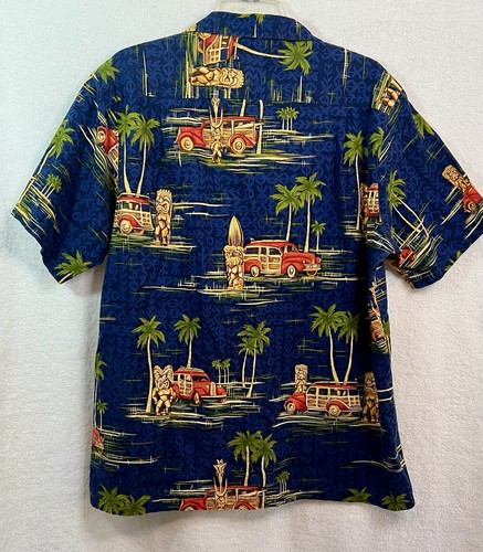 Vtg RJC Hawaiian Shirt Men’s L Blue Woody Cars Palm Trees Tikis Made In USA - Picture 4 of 6