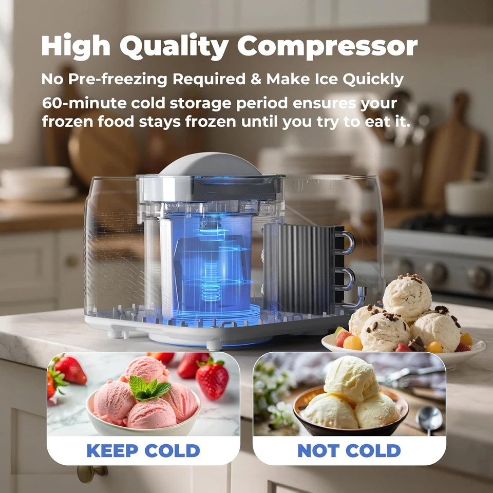1L Ice Cream Maker with Compressor, 3 in 1, No Pre-freezing Cup/Scraper/Recipe - Image 2 of 4
