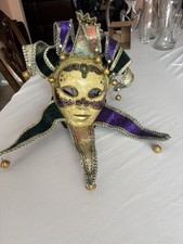 Venetian Jester Mask Green Purple Gold Velvet Mardi Gras Hand-Painted Bells
