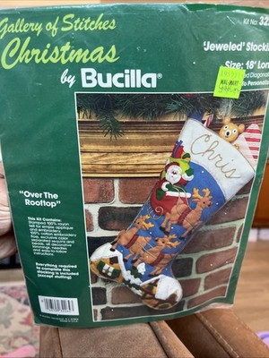 VTG Bucilla Christmas Stocking Over the Rooftop Santa Reindeer complete Kit