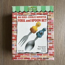 New Sesame Street Big Bird Cookie Monster Toddler Baby Fork Spoon Set 1980s