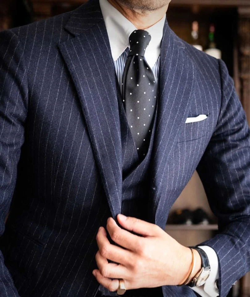 Men's Navy Striped Suits Slim Fit Costume Homme Peak Lapel Groom Wedding 3Pieces - Image 4 of 4