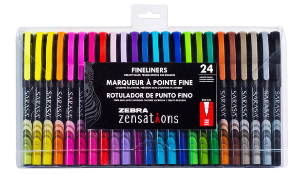 09024 Zebra Zensations Fineliner Pen, Needle Pt 0.8mm, Assorted Colors, 24 Pack